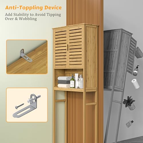 Yardenaler Over-The-Toilet Storage Shelf with Doors, Bathroom Freestanding Bamboo Organizer Space Saver with Adjustable Shelf, Natural - color: Natural