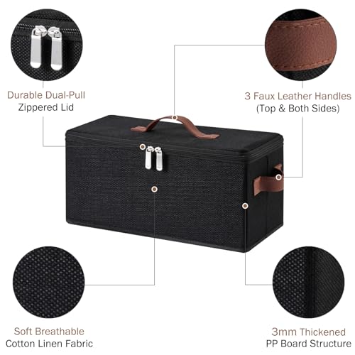 Storage Bins DVD Boxes CD Case Holder Basket with Zippered Lids | Cotton Linen Fabric Container, Decorative Foldable Stackable Washable Shelf Closet Organizer, PU Leather Handles, Black-Small - size: Small ( Pack of 1 )