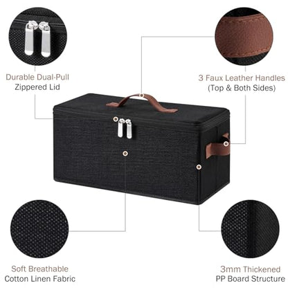 2PCS Storage Bin DVD Box CD Case Holder Basket with Zippered Lids | Cotton Linen Fabric Container, Decorative Foldable Stackable Washable Shelf Closet Organizer, PU Leather Handles, Black-Small - size: Small ( Pack of 2 )