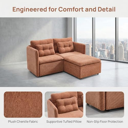 HNY 56.5" Modern Loveseat Sofa, Brown | 2-Seat Button Tufted Love Seat, Deep Seat Chenille Fabric With Pillow, Small Couch for Bedroom, Apartment, Home Furniture - color: Brown, size: 2 Seater-L Shape