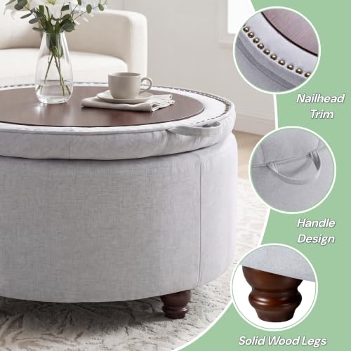 30" Round Storage Ottoman Coffee Table, Tufted Lid & Wood Top, Gray | Nailhead Trim Solid Wood Legs Extra Large Footrest Linen-Like Fabric - color: Grey