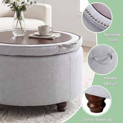 30" Round Storage Ottoman Coffee Table, Tufted Lid & Wood Top, Gray | Nailhead Trim Solid Wood Legs Extra Large Footrest Linen-Like Fabric - color: Grey