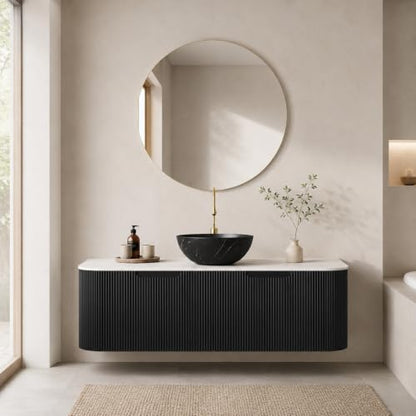 48" Floating Bathroom Vanity with Sink, Wall Mounted Plywood Cabinet, Black Fluted Front, Sintered Stone Countertop, Black Marble-Look Ceramic Bowl Vessel Sink, Soft-Close Drawer, Pre-Assembled - color: Black Cabinet / Black Marble Bowl Sink, size: 48 Inc