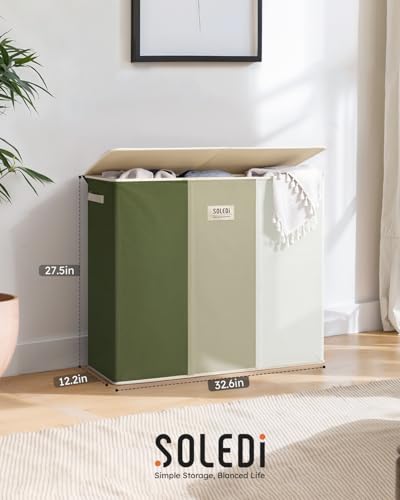 SOLEDI 180L 3-Section Laundry Hamper with Lid, Extra Large Dirty Clothes Basket with Sturdy Handles for Laundry Room & Bedroom - Durable Organizer for Sorting Laundry - color: Green/Grey/White, size: 180L