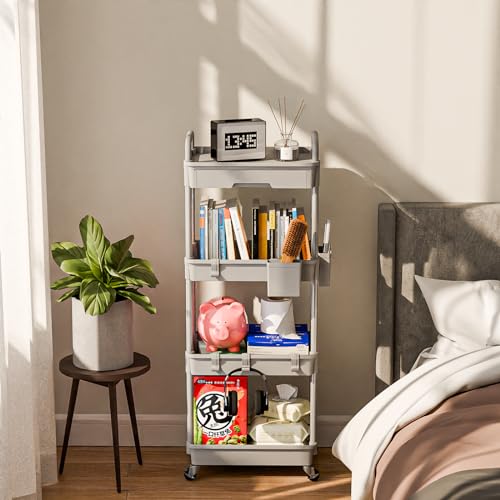 Sorgion 4 Tier Rolling Cart Organizer,Art Craft Diaper Bedside Snack Laundry Room Bathroom Organizer Narrow Thin Slim Rolling Trolley Utility Cart with Wheels for Kitchen,Office(Grey) - size: 4Tier-Grey