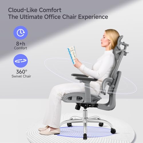 Ergonomic Office Chair with 3D Headrest, Computer Chair with Adjustable Backrest & 3D Armrest, Gaming Chair with Adaptive Lumbar Support, Mesh Backrest & Cushion, Grey - color: Grey, style: Eco