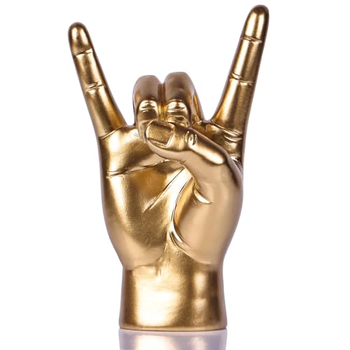QIANLING 7.7" Gold Resin Rock On Hand Gesture Statue - Rock Culture Music Lovers' Decorative Tabletop Sculpture for Bookshelf, Desk & Mantel Decor in Home or Office, Modern Symbolic Figurine - color: Gold