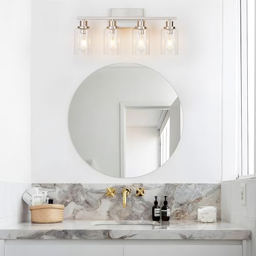 4 Light Bathroom Light Fixtures Brushed Nickel Vanity Light Over Mirror Modern Farmhouse Wall Lighting Sconces Wall Lamp for Bathroom, Bedroom, Living Room E26 Socket with Glass Shade - color: Brushed Nickel, size: 4 Light