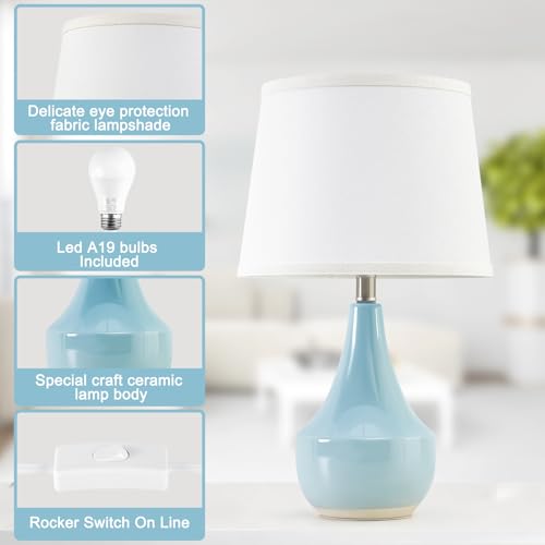 18" Table Lamp Set of 2, Ceramic Lamp Classic Beside Lamps Nightstand Lamp Modern Cute Lamp for Living Room, Bedroom & Office Rocker Switch Sky Blue-LED Bulbs Included - color: 18.63" Blue