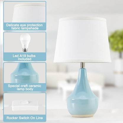 18" Table Lamp Set of 2, Ceramic Lamp Classic Beside Lamps Nightstand Lamp Modern Cute Lamp for Living Room, Bedroom & Office Rocker Switch Sky Blue-LED Bulbs Included - color: 18.63" Blue