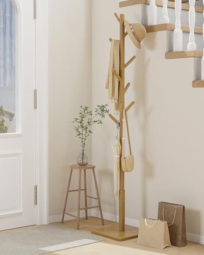 Yawinhe Wooden Coat Rack Freestanding,Hall Tree with 8 Hooks,Natural | 3 Adjustable Heights Coat Standing Tree; Sturdy Clothes Stand with Square Base; Coat Tree for Entryway, Hallway - color: Natural