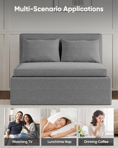 43.3" Twin Size Pull Out Sofa Bed，3-in-1 Linen Convertible Sleeper Sofa Bed,Loveseat Pullout Bed with Pillows and Tri-fold Mattress for Small Space/Bedroom,Light Grey - color: Light Grey, size: Twin