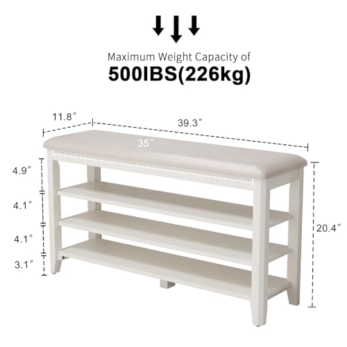 AQIMUELE Shoe Bench with Leather Cushion, 3 Tiers Shoe Storage Bench Height Adjustable, Walnut Wood Entryway Bench for Hallway, Mudroom - color: White, size: 39.4"