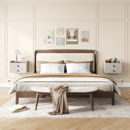 Floating Nightstand Set of 2 with 2 Storage Drawers and Charging Station | Wood Wall Mounted Bedside End Table Modern Night Stands set 2 for Bedroom,Small Space,Grey Black - color: Grey-black