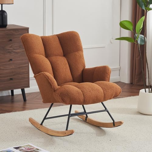 Rocking Chair Nursery Teddy Upholstered Glider Rocker Rocking Accent Chair Padded Seat with High Backrest Armchair Comfy Side Chair for Living Room Bedroom Offices (Brown Teddy) - color: Brown