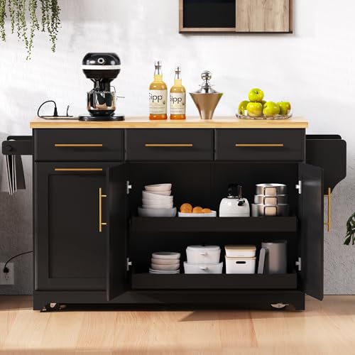 Kitchen Island with Trash Can Storage & Pull-Out Trays | Solid Rubberwood Countertop Kitchen Island on Wheels, Drop Leaf, Power Outlet, 3 Drawers - color: Black