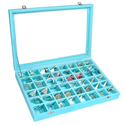 Siveit Velvet Jewelry Tray 48 Grid Jewelry Display Tray Organizer Box with Transparent Lid Rings Earrings Necklaces Pendants Display Box Suitable for Women and Girls (Light Blue) - color: Light Blue