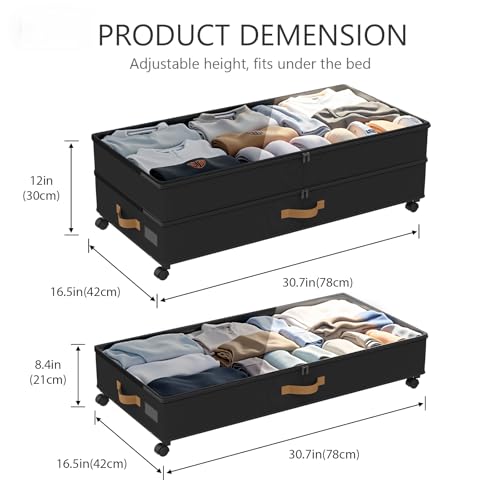 Under Bed Storage with Wheels 2-Pack, 75L XXL Under the Bed Storage Containers Large, 12" Tall Adjustable Storage for Underbed with Lids, Rolling for Clothes, Shoes, Blankets (Black) - color: Black