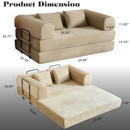 Convertible Sleeper Sofa Bed,Corduroy Folding Mattress Couch with Cylindrical Pillows,Metal Frame,High-Density Sponge,Reconfigurable Lounge Seat for Living Room Bedroom Apartment (Beige,Loveseat) - color: Beige, size: 59.06"L x 35.43"W x 26.77"H