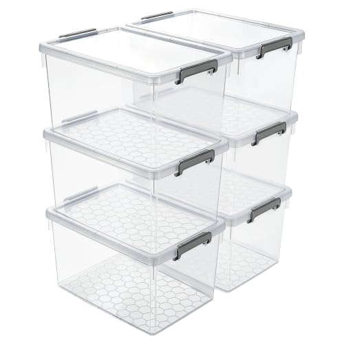 Citylife 48 Qt Ultra-Thick (3.82mm) Clear Plastic Storage Bins with Lids, 6-Pack Stackable Straight-Wall Closet Organizers with Honeycomb Base & Pinch-Free Latches for Garage, Clothes & Holiday Decor - size: 48 QT, style: 6 Pack
