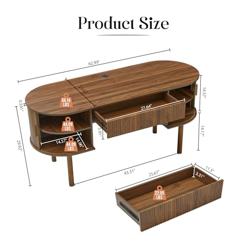 Executive Office Desk with Storage, 63 Inch Large Computer Workstation Desk with Drawer and File Cabinets, Mid Century Modern Fluted Wood Writing Desk for Home Office, Study Room, Living Room, Walnut - color: Walnut