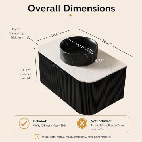 30" Floating Bathroom Vanity with Sink, Wall Mounted Plywood Cabinet, Black Fluted Front, Sintered Stone Countertop, Black Marble-Look Round Ceramic Vessel Sink, Soft-Close Drawer, Pre-Assembled - color: Black Cabinet / Black Marble Sink, size: 30 Inch