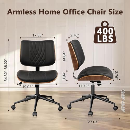 CLATINA Armless Home Office Chair, Desk Chair with Wheels, Adjustable Height Reading Chair, Leather Mid Back & Swivel Computer Chair, Modern Walnut Chairs with Back for Studio Meeting Room(Black) - color: Black Diamond-a, size: 1 Pack