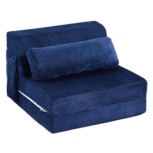 Folding Sofa Bed with Pillow, Convertible Sleeper Chair, Comfy Floor Futon Couch Mattress Lounge Sofa for Adults Portable Fold Out Chair Bed for Living Room Bedroom, Single, Navy Blue - color: Navy Blue