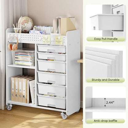 Rolling Craft Cart with 6 Drawers, Pegboard and Locking Wheels White | Ample multi-zone storage, 2 open shelves, art cart for classrooms, homeschool and offices, sturdy wood-metal frame - color: White