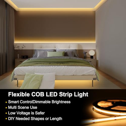 Pandery COB LED Strip Lights Warm White,24V Dimmable led Light Strip KIT with Remote and app Control,3000K 50FT/15m 8mm Wide Ra>90 Cuttable Flexible Strip Lights for Bedroom,Wardrobe,Cabinet - color: 3000K Warm white, size: 50FT