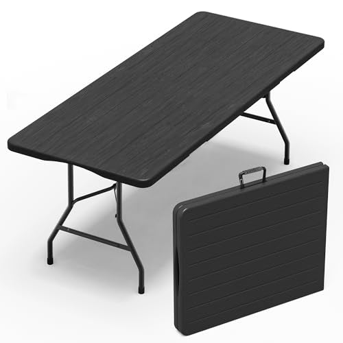 VSOAEIL 6 Foot Folding Table, 6 FT Foldable Plastic Table Heavy Duty HDPE | 6 Feet Portable Fold-in-Half Utility Folding Table with Handle for Picnic, Party, Dining, Camping, Indoor & Outdoor, Black - color: Black, size: 6 FT - 1 PACK