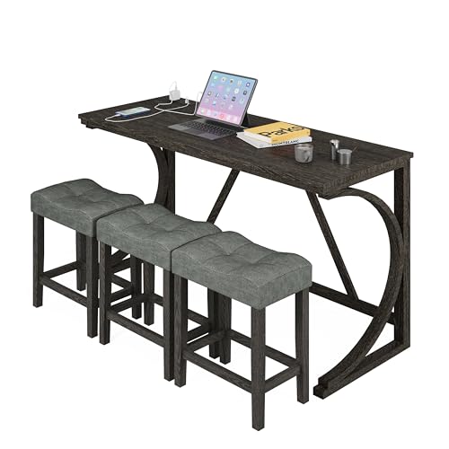 allamazing 4-Piece Counter High Bar Table Set with Socket and 3 Fabric Padded Bar Stools, Tall Kitchen Breakfast Nook with Stool, Black - color: 1+3 Black