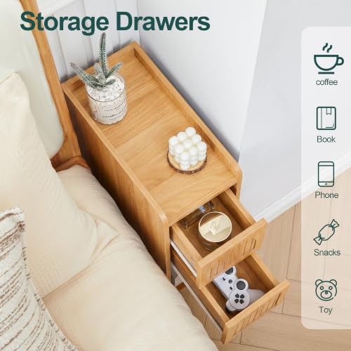 Narrow Nightstand Set of 2, Wooden Small 2 Drawer Nightstand, Slim Side End Table, Skinny Bedside Table, Mid Century Modern Night Stand with Drawers for Bedroom (Yellowish Natural) - color: Yellowish Natural