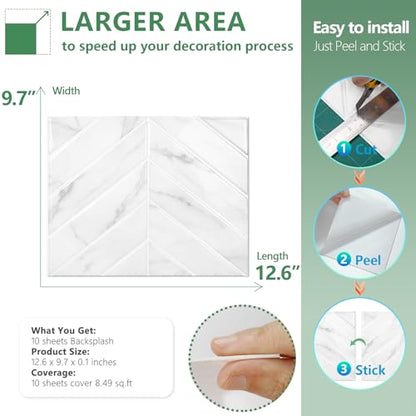 STICKGOO Herringbone Peel and Stick Backsplash, White Marble, 10 Sheets | 12.6 x 9.7 in, Thicker Rectangular Vinyl Stick-On Wall Tiles, Easy Alignment, Waterproof, Easy to Clean, Kitchen/Bathroom - color: White Marble, size: Pack of 10