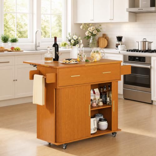 DHH Rolling Kitchen Island with Drop Leaf Countertop&Ample Storage - 39.4" Small Mobile Kitchen Cart On Wheels with Sliding Door,Drawers,Spice Rack & 2-Tier Storage (Yellow Walnut) - color: Yellow Walnut
