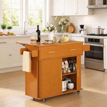 DHH Rolling Kitchen Island with Drop Leaf Countertop&Ample Storage - 39.4" Small Mobile Kitchen Cart On Wheels with Sliding Door,Drawers,Spice Rack & 2-Tier Storage (Yellow Walnut) - color: Yellow Walnut
