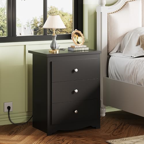 WLIVE Tall Nightstand with Charging Station, Wood Bedside Table, Black | 3 Drawers Storage, Power Outlets(2AC+2USB), Easy Assembly, Premium Eco-friendly Wood, Black Night Stand for Bedroom - color: Black