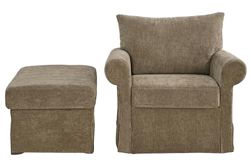 Eafurn Modern Chenille Accent Chair with Ottoman for Small Space, Comfy Upholstered Reading Chairs Lounge Armchair with Foot Rest, Sturdy Solid Wood Frame for Living Room - color: Brown 37.5"