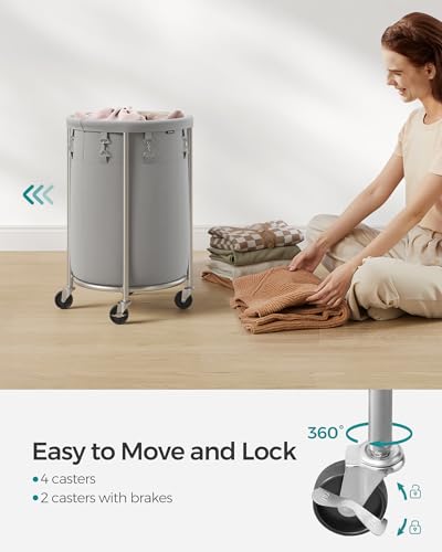 SONGMICS 18.5-Gallon (70 L) Laundry Basket with Wheels, Rolling Round Heavy-Duty Laundry Hamper Cart with Steel Frame and Removable Bag, 2 Locking Wheels, Gray and Metallic Silver URLS006G01 - color: Gray + Metallic Silver, size: 70 L (1-Section)