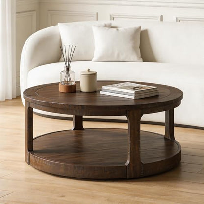 40" Round Coffee Table with Wheels, Circle 2 Tier Solid Wood Center Coffee Table, Mid Century Retro Farmhouse Rounded End Table for Living Room Apartment, ø40 x 17.52" H (Dark Brown) - color: D-40" Brown