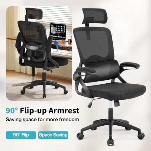 Ergonomic Office Chair,Mesh Office Chair with Lumbar Support,High Back Desk Chair with Flip-up Arms,400 lbs Big and Tall Computer Chair with Headrest,Comfy Desk Chairs - color: Deep Black
