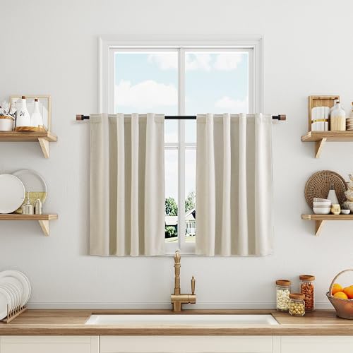 Beige 100% Blackout Kitchen Linen Curtains Back Tab 30 Inch Length Privacy Elegant Mini Cafe Curtain for Modern Rustic Farmhouse Bathroom Thermal Insulated Bedroom Small Drape 26x30 - color: Beige, size: 26"W x 30"L (Pack of 2)