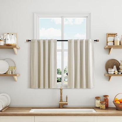 Beige 100% Blackout Kitchen Linen Curtains Back Tab Pleated Small Drape 36 Inch Length Privacy Thermal Insulated Elegant Mini Cafe Curtain for Rustic Farmhouse Bathroom Bedroom 26x36 - color: Beige, size: 26"W x 36"L (Pack of 2)