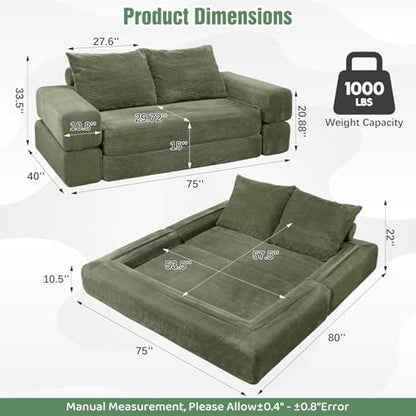 75" Convertible Sofa Bed, Fold Out Couch Bed Futon Sleeper Mattress with Pillows,3-in-1 Foldable Floor Couch Convertible Futon Sofa for Small Spaces - No Assembly Needed Green - color: Green
