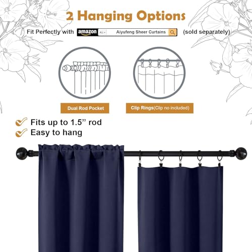 Aiyufeng Navy Blue Short 36 Inches Blackout Curtain 2 Panels Set, Half Window Rod Pocket Privacy Curtain Tiers for Kitchen, Curtains Blackout for Bathroom Shades, W40 x L36 Inch, Navy Blue - color: Navy Blue, size: 40"W x 36"L (Pack of 2)
