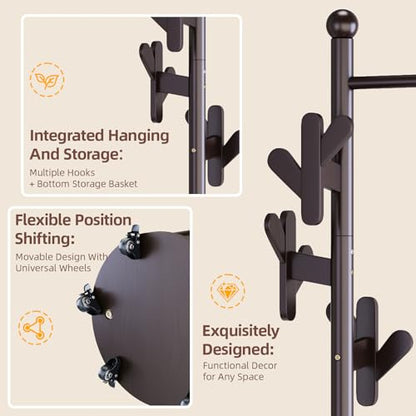 CozyDH Wooden Coat Rack Stand with Umbrella Holder and Wheels, Freestanding Hall Tree Coat Hanger with Multi Hooks, Heavy Duty Coat Tree for Entryway Bedroom Hallway Office, Deep Walnut - color: Dark Walnut, size: Round-15.7D×15.7W×72.8H