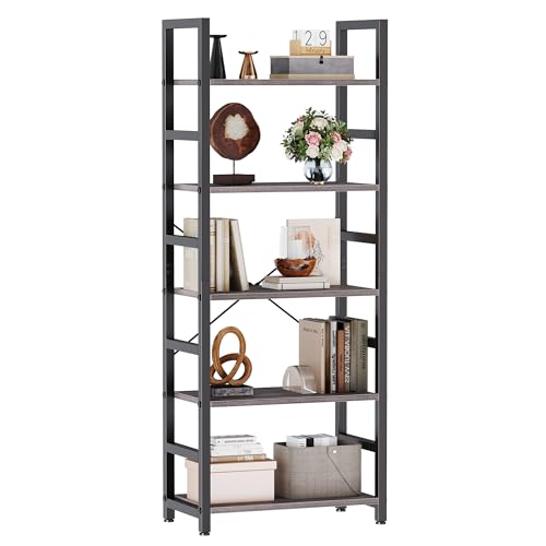 DUMOS 5-Tier Bookshelf, Modern Tall Bookcase Book Shelf | Open Storage Display Shelf for Living Room, Bedroom, Home Office, Narrow Standing Shelving Unit for Books, CDs Wood Grey - color: Grey Wood, size: 5 Tier