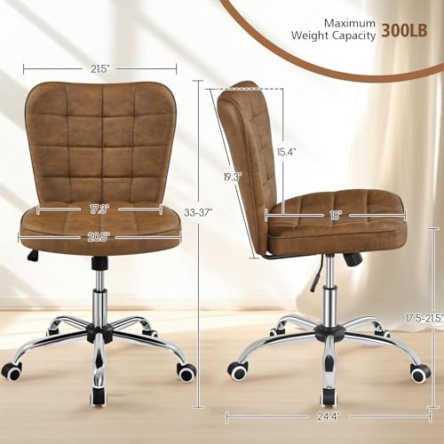 Yaheetech Retro Brown Tufted Armless Desk Chair with Wheels, Faux Leather | Thick foam cushioned seat tilts back to relax, lifts 18-22 in, spins 360 degrees, holds 300 lb, and assembles with ease. - color: Retro Brown