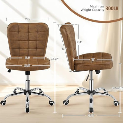 Yaheetech Retro Brown Tufted Armless Desk Chair with Wheels, Faux Leather | Thick foam cushioned seat tilts back to relax, lifts 18-22 in, spins 360 degrees, holds 300 lb, and assembles with ease. - color: Retro Brown