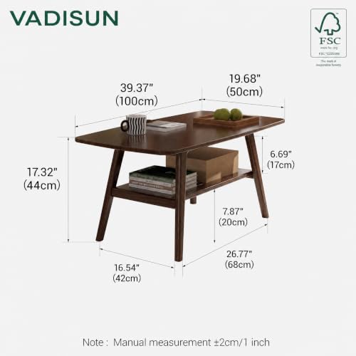 100% Solid Wood Coffee Table for Living Room, 39.37" Mid Century Modern Tables with Shelf Storage, 2-Tier Coffee Table with Rounded Corners (Oak Wood Walnut Color, 39.37" L) - color: Walnut, size: 39.37"L x 19.68"W x 17.32"H